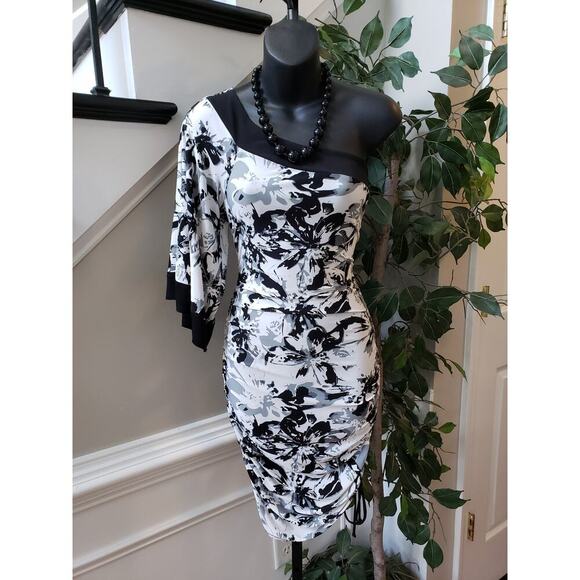 RUBY ROX Asymmetric Dress Womens Medium White Black Floral Ruched One Shoulder - Picture 2 of 11